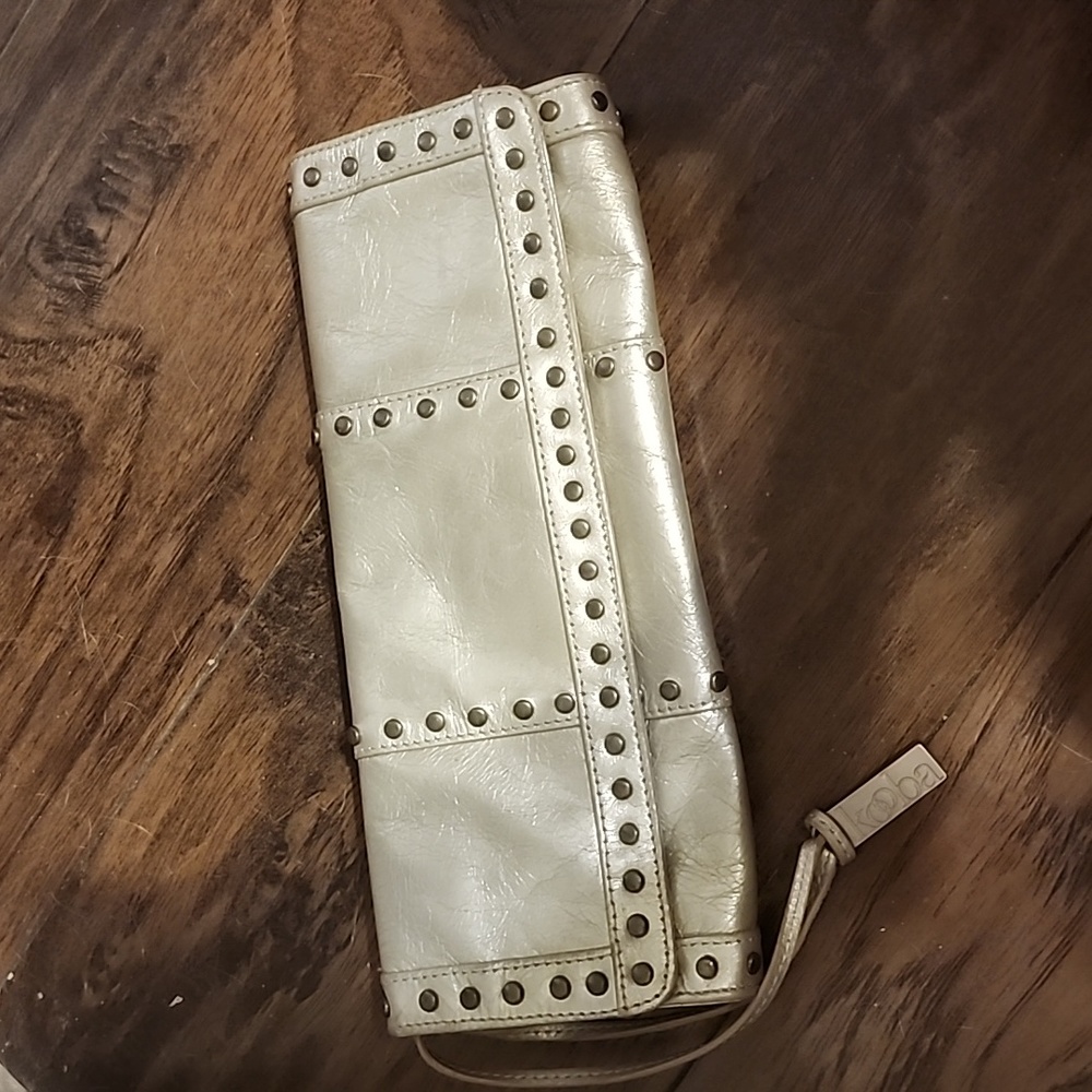 Beautiful Kooba silver leather clutch wristlet bag purse